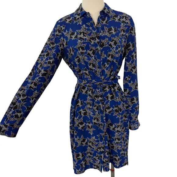 Diane von Furstenberg Prita Silk Button-Down Shirt Mini Dress Blue Star Print 8 - Picture 1 of 12